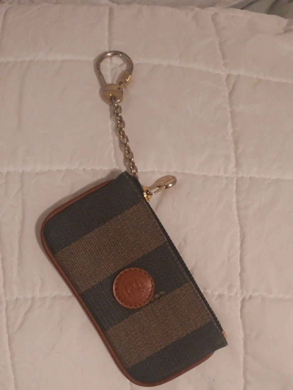 Fendi Brown and Black Striped Key & Card Holder with Gold Chain